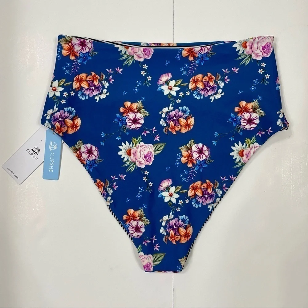 NWT Cupshe High Waisted Floral Bikini Bottoms Size M Blue
